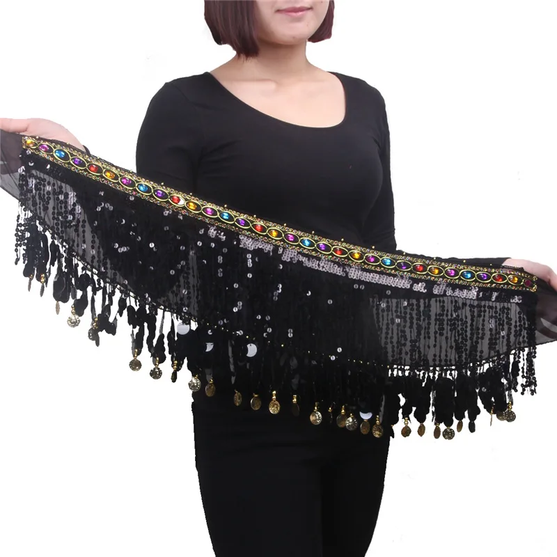 2021 New Belly Dance Waist Chain Hip Scarf for Women Bellydance Coins Belt Dancing Waist Belt Wrap Sequins Coin Chiffon Skirts