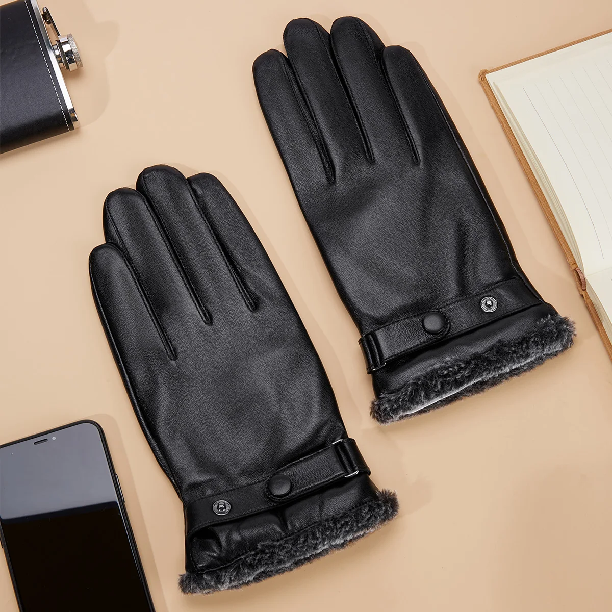 BISON DENIM-guantes de piel auténtica para hombre, manoplas clásicas de piel de oveja para ciclismo al aire libre, senderismo, pantalla táctil, Invierno