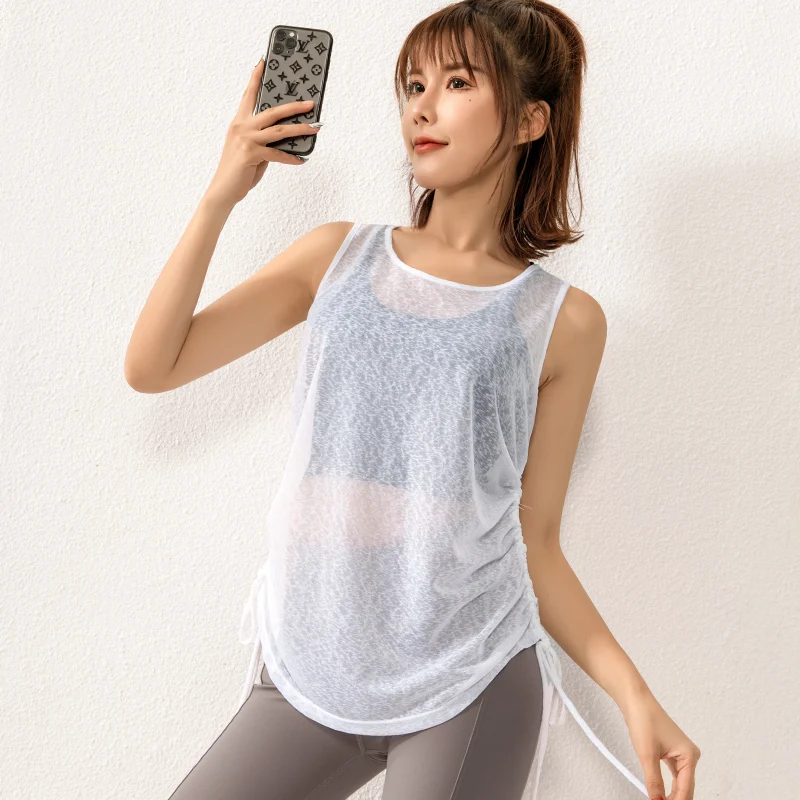 Kadınlar Yoga gömlek gevşek ince See-through spor yelek hızlı kuru kolsuz T-shirt spor Fitness koşu tankı üstleri İpli bluz