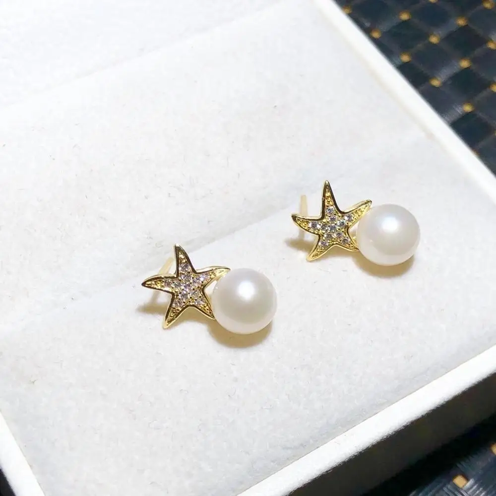 2020 Women Beauty 585 Rose Mixed White Gold Color Natural  Pearl Earrings White Cubic Zircon stars Drop Earrings