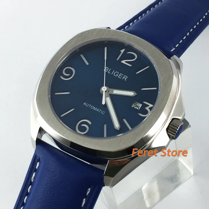 

Bliger 40mm Business Watch Silver Case Sapphire Glass Blue Luminous Dial Date Leather Strap Men's Automatic Mechanical Watch