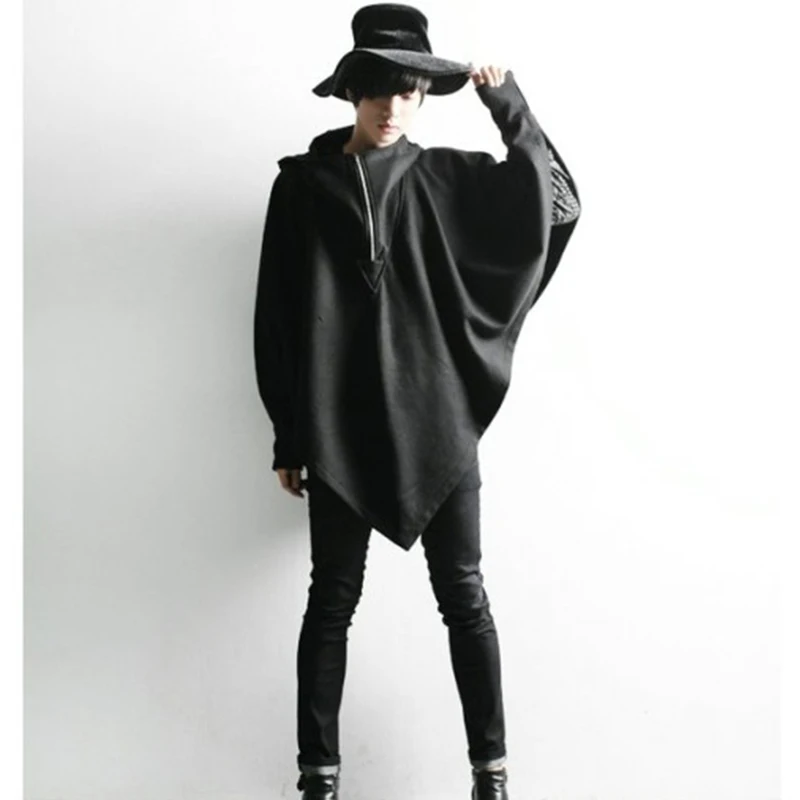 

Men's coat autumn/winter hooded bat loose cape coat men's cape youth stage outfit black plus size