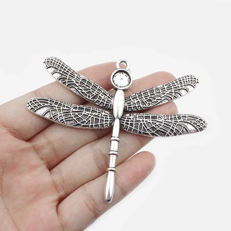 3PCS Tibetan Silver Large Dragonfly Insect Charms with 8mm Round Blank Tray Cabochon Settings Pendant for Jewelry Findings