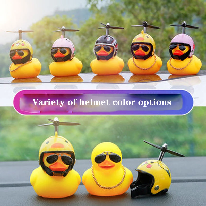 

Kid Toy Cute Little Black Yellow Duck With Helmet Propeller Rubber Windbreaker Duck Squeeze Sound Internal Car Decoration Child