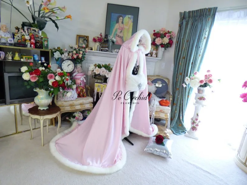 PEORCHID Warm Pink Bridal Cloak With Hood Faux Fur Trimmed Cape For Women Full Length Winter Long Shawl Wedding Dress Cape