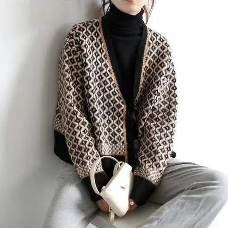 Cashmere Cardigan soft-waxy sweater coat spring retro lozenge-shaped Blazer Wool Jacket