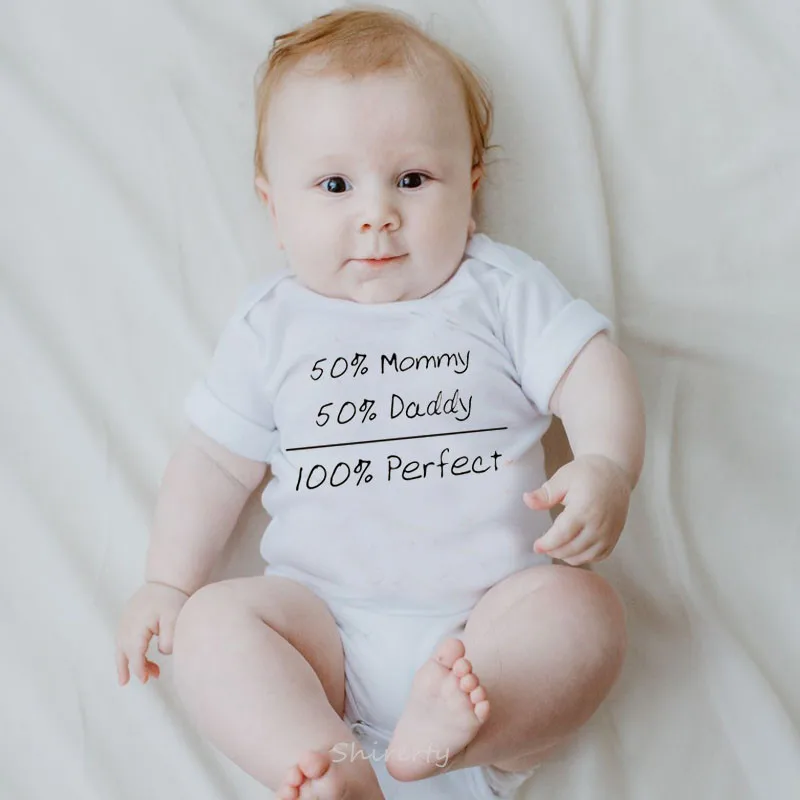 Summer Infant Newborn Baby Boys Girls Cotton 50% Mom + 50% Dad = 100% Perfect Letter Printed Baby Bodysuits Summer Baby Clothes