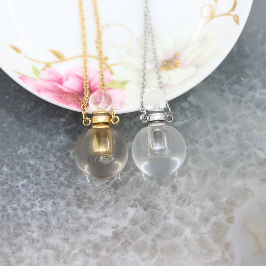 Natural Clear Crystal Round Bead Perfume Bottle gold/silvers Chains Pendants jewelry Bulk ,Faceted Quartz Gems Necklace  making