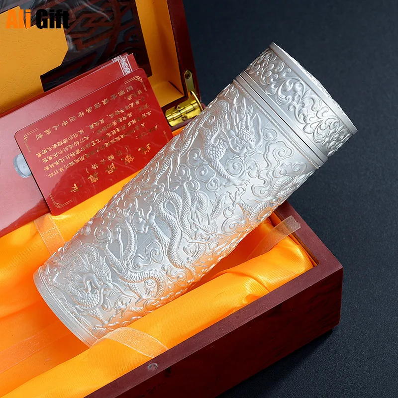 

High Grade Full Silver Thermos Mug Embossed Jiulong Silver Cup S999 Inner Tank Silver Suit Gift Cup