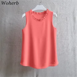 Woherb 21 Kleuren Effen Ruche Chiffon Blouse Vrouwen 2024 Zomer Mode Vest Blusas Casual Losse Mouwloze Dames Tops Shirt