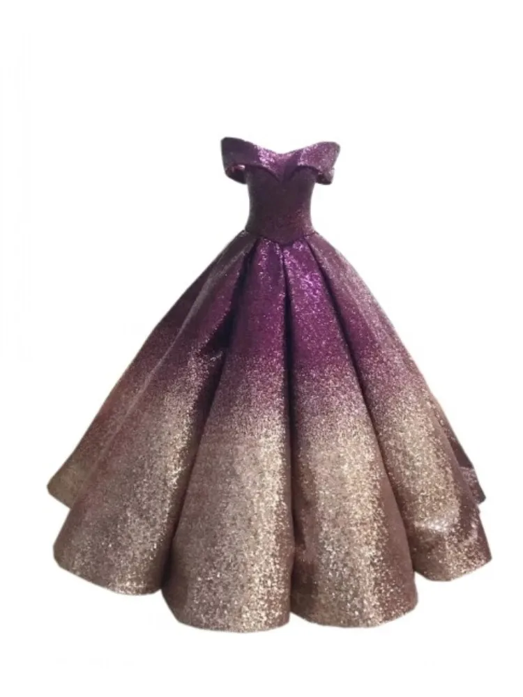 Glitter lantejoulas v pescoço fora do ombro ombre ouro bola vestido quinceanera formal vestidos com boné mangas curtas vestidos de noite