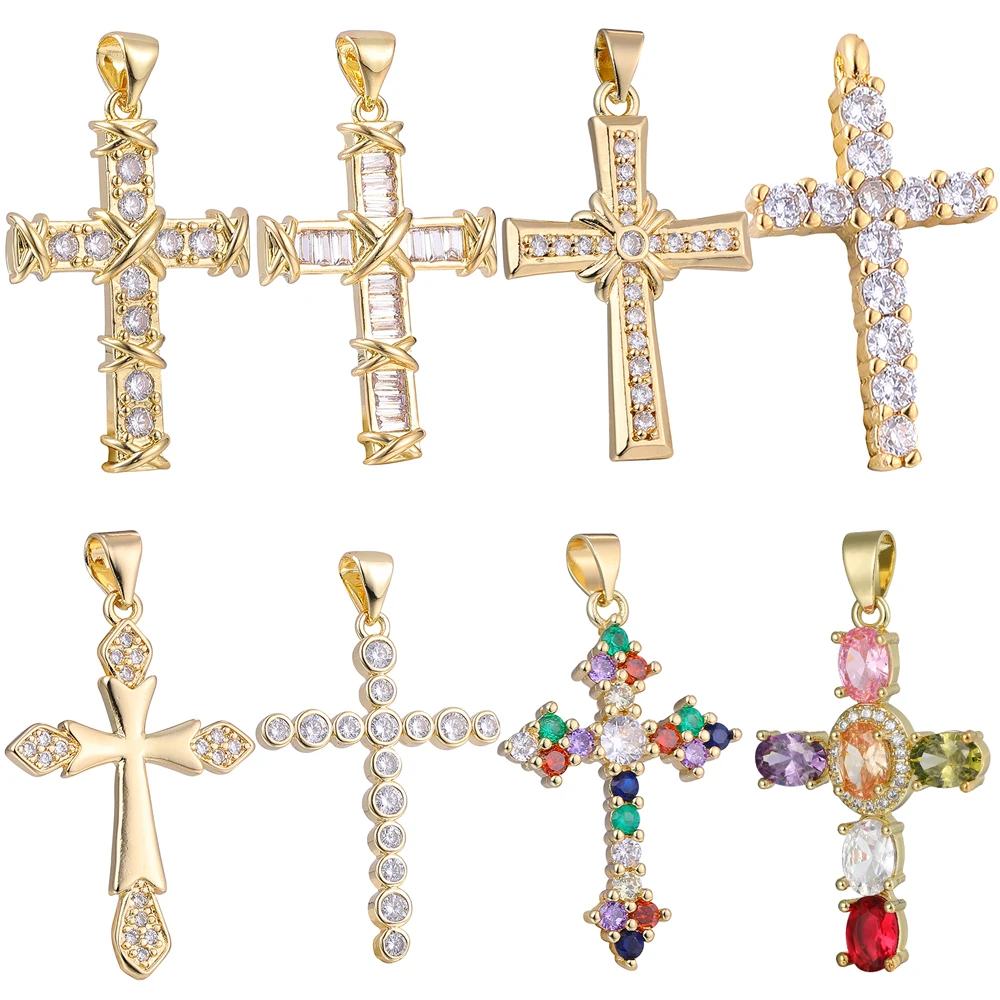 Juya Handmade 18K Real Gold Plated Cubic Zirconia Christian Cross Charms For Christmas Religious Rosary Pendant Jewerly Making