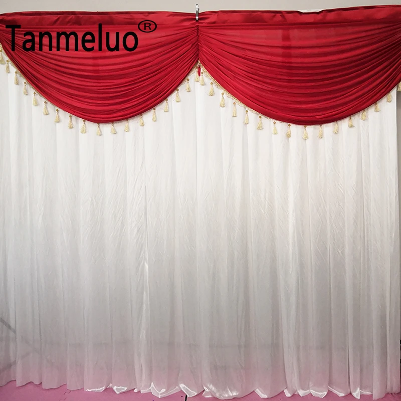 

White Wedding Backdrop Curtain with Red Swag Valance Drapery Baby Shower Birthday Home Party Wall Decoration Photo Booth Panels