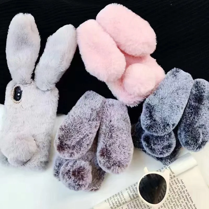 

Plush Warm Phone Case for iPhone XS Max XR X Case 3D Rabbit Ears Furry fluffy Fur Cover for iPhone 6 6S 7 8 Plus Bunny Case