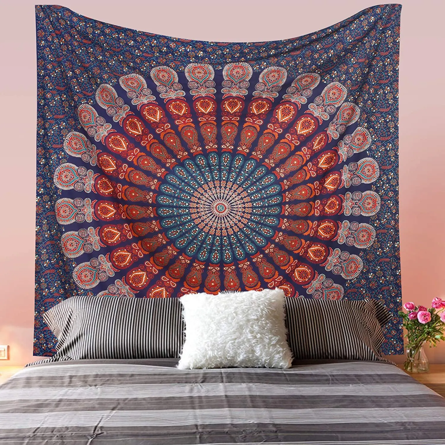 Indian Hippie Bohemian Psychedelic Golden Blue Peacock Mandala Wall Hanging Bedding Tapestry Golden Blue, Queen Tapestry Wall