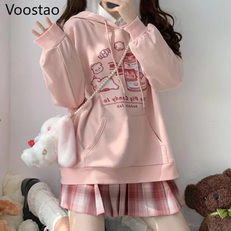 Spring Autumn Harajuku Sweet Cute Cartoon Print Hooded Sweatshirt Women Kawaii Loose Hoodies Student Girly Chic Y2K O-Neck Tops