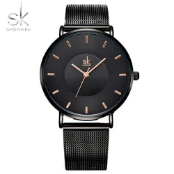 Shengke Fashion Black Watch For Women Classic Relogio Feminino Ultra Thin Quartz Watch Woman Adjustable Mesh Strap Montre Femme