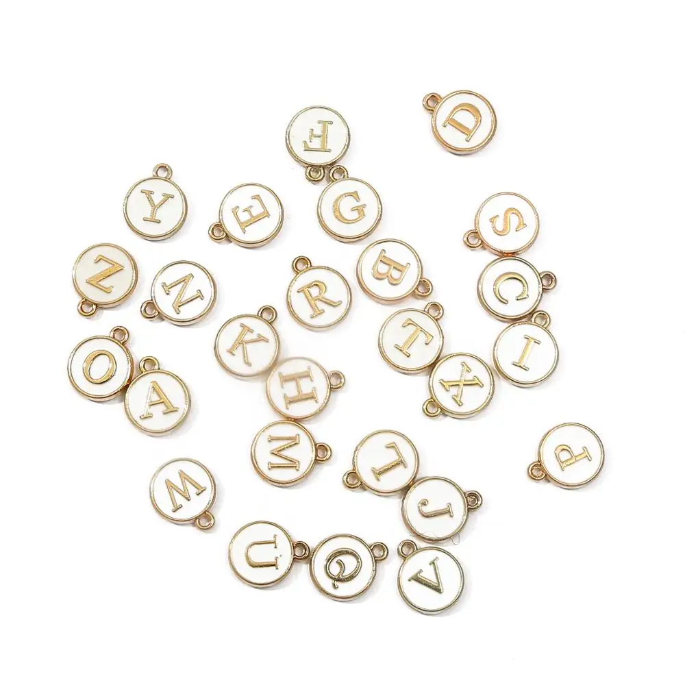 10pcs 12mm Round White Enamel Alphabet Charms Capital Letter Beads Initial Pendants For Jewelry Making DIY Bracelet Earrings