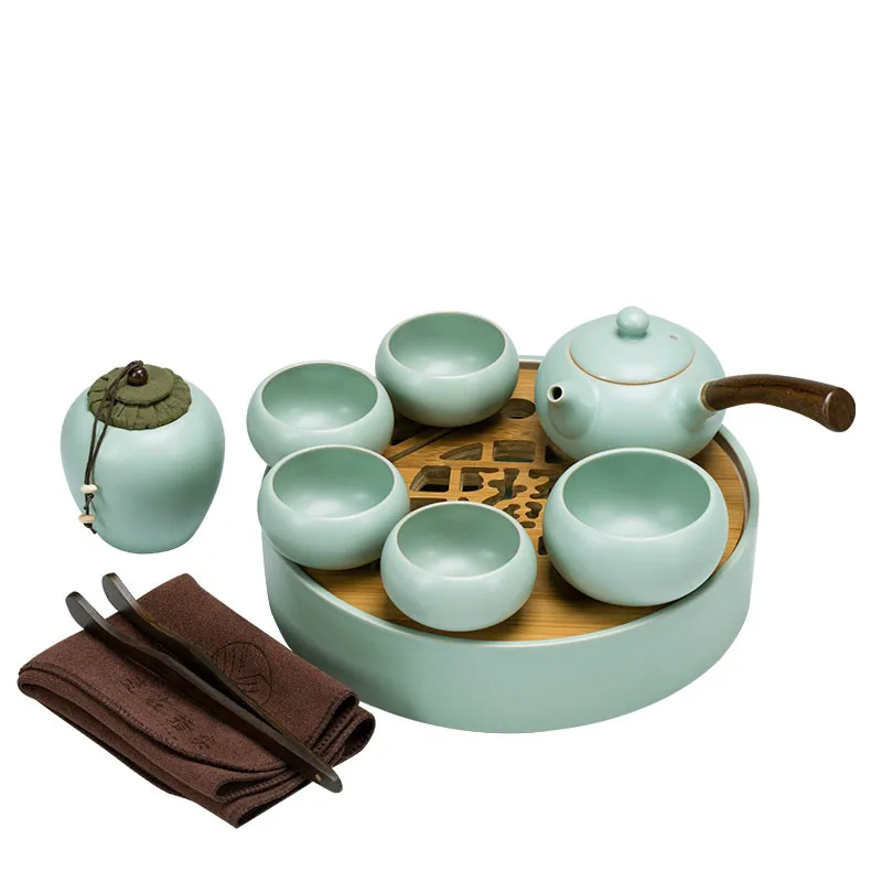 Ru Ware Tea Set Home Kung Fu Ceramics Vintage Ru-Porcelain Teapot Tea Cup Small Set Tea Tray for Office Guests tea pot set