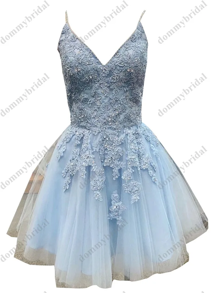 Vestido corto azul para bebé, minivestido de Quinceañera de regreso A casa, con tirantes, de cristal, de encaje