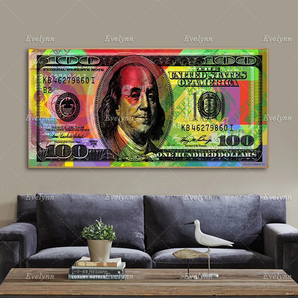 100 Dollars Benjamin Franklin Pop Art Andy Warhol Style Oil Painting Poster And Print On Canvas Wall Art Picture For Living Room