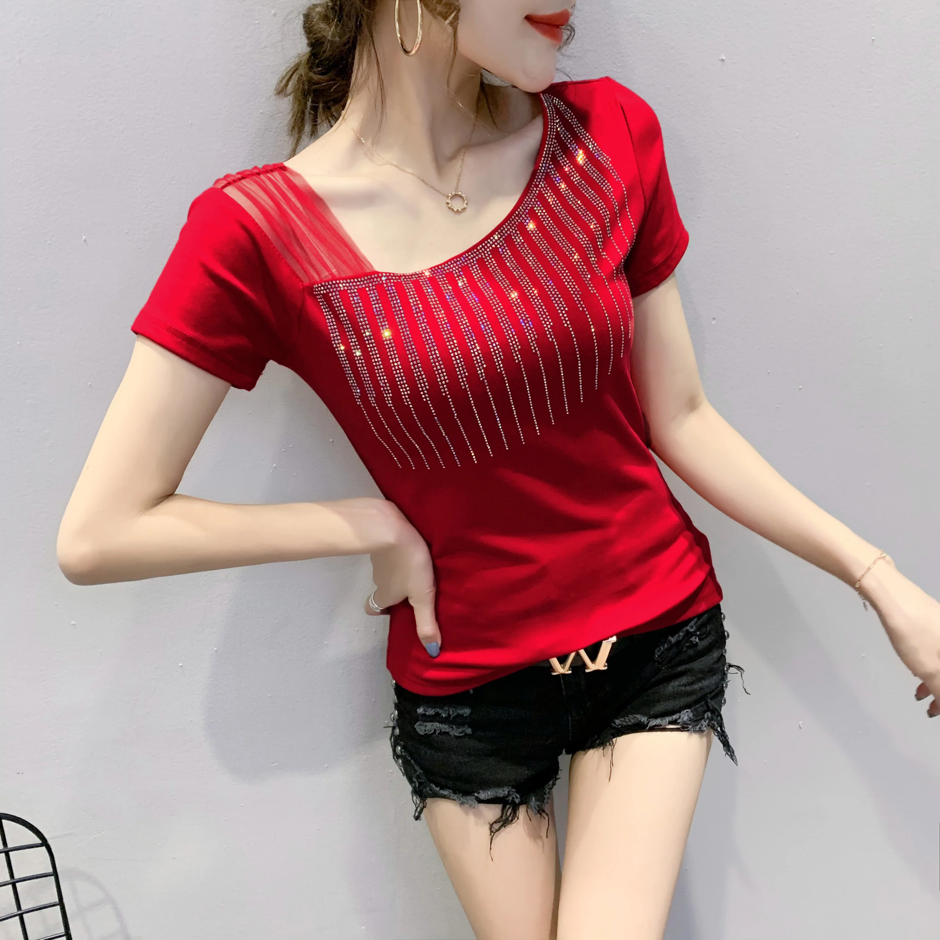 Chic Rhinestones Diamante Summer T Shirt Women Casual Tee Shirts O-neck Short Sleeve Tshirt Fashion Ladies Clothings T07806B