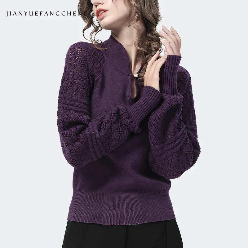 Women\' Lantern Sleeve Knitted Sweater Solid Color Hollow Out Stand-up Collar Loose Casual Pullovers With Key-hole Out-wear Tops