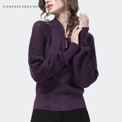 Women' Lantern Sleeve Knitted Sweater Solid Color Hollow Out Stand-up Collar Loose Casual Pullovers With Key-hole Out-wear Tops