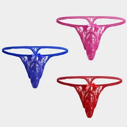 Solid color lace Bow men's sexy thong Sexy Gay Men's Underwear Transparent Personal Briefs Bikini G-string