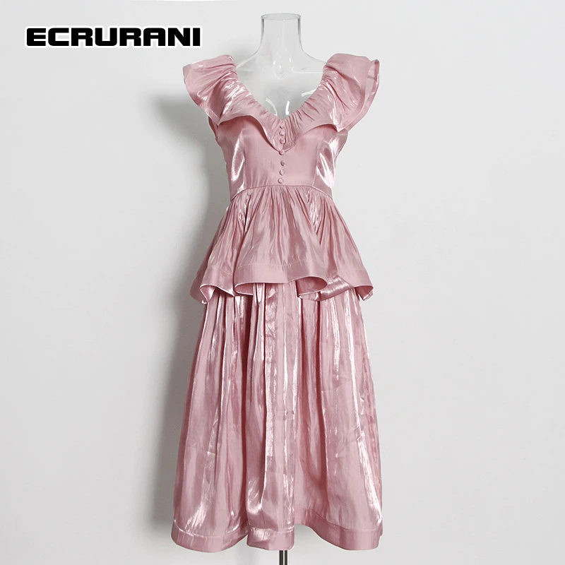 ECRURANI Elegant Patchwork Ruffles Dress For Women V Neck Sleeveless High Waist Ruched Mid Dresses Females 2022 Fashion Clothing