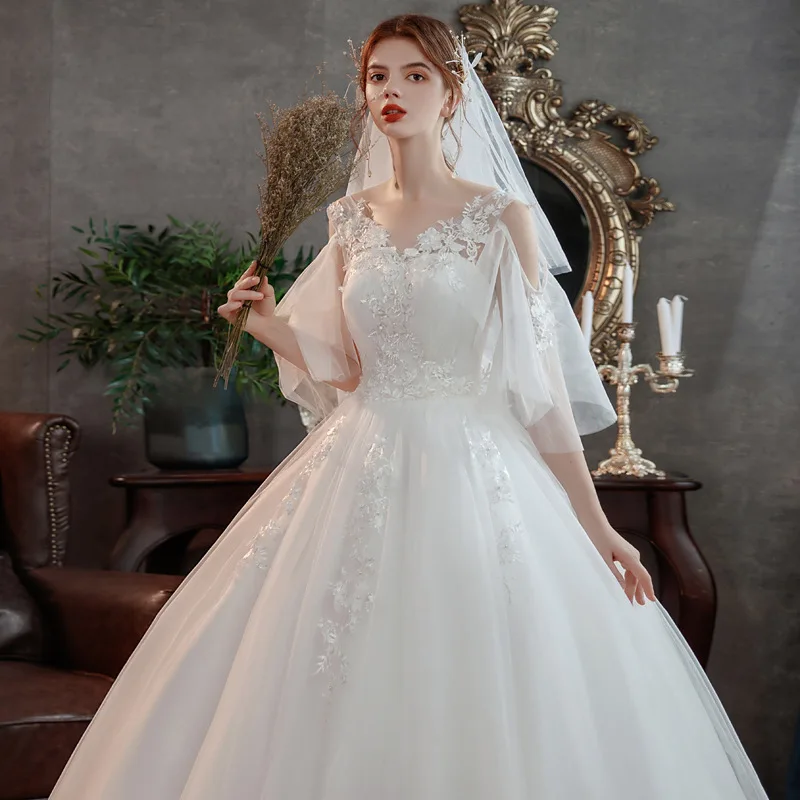 Korean style new spring Plus size wedding dress for Pregnant women long Lace appliques Vestidos De Novia with slleves 2021 Tull