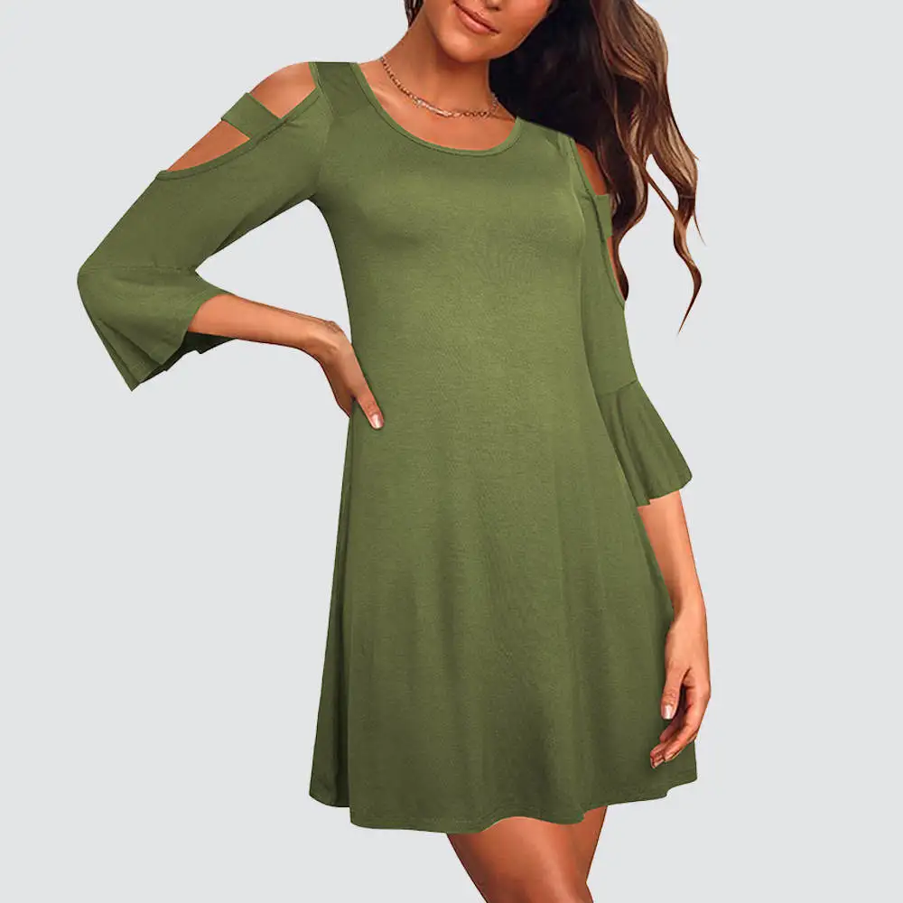 Women Summer Casual Solid Color Cold Shoulder Loose Shift Mini Dress 1HA169