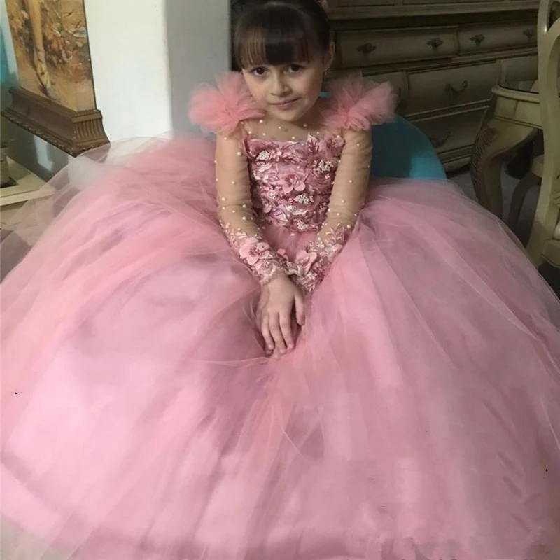 Vestidos de flores para niña, apliques de encaje de manga larga, Vestidos de Noche de desfile de tul, vestido de baile de cumpleaños, vestidos de primera comunión