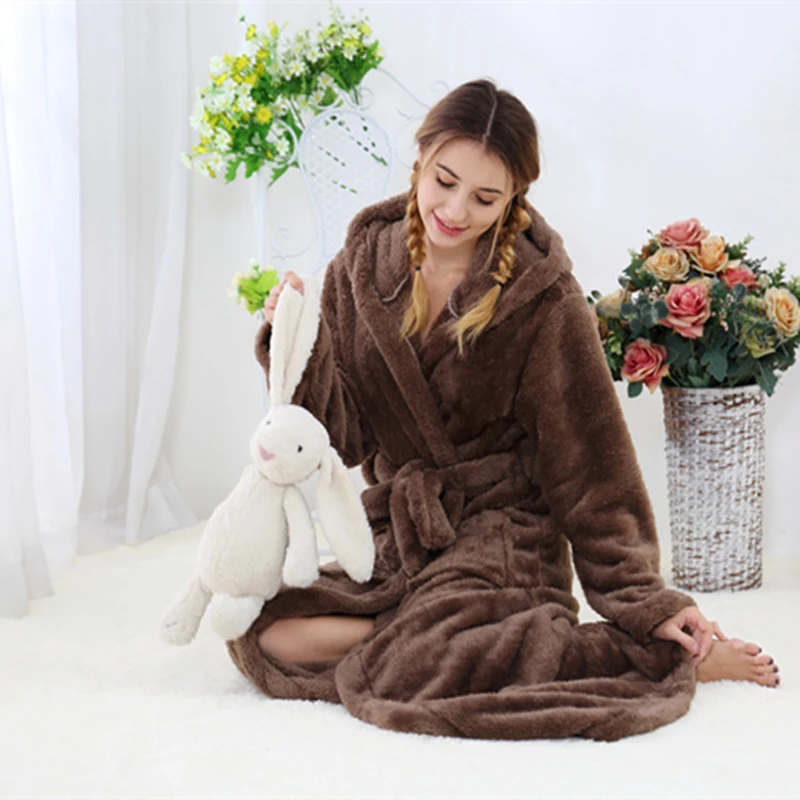 Ladies\' Long Style Mops Floor Warm Long Wool Flannel Nightdress Coral Velvet Bathrobe Morning Gown Kimono Sleepwear Home Dress