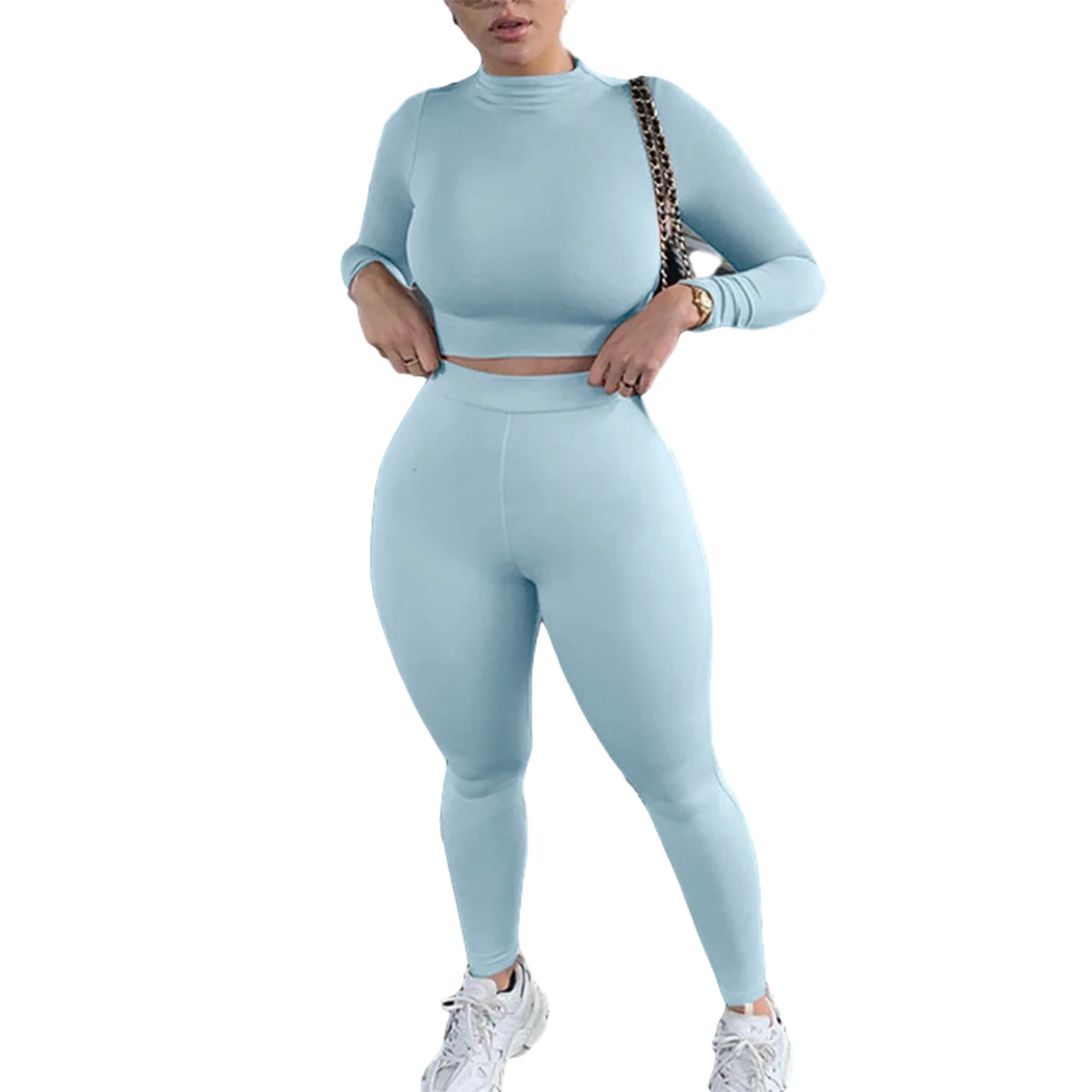 

Women Long Sleeve Sportswear Solid Color Elastic Crop Top Tight-fitting Long Pant Outfit Set Female Skinny Set Plus Size