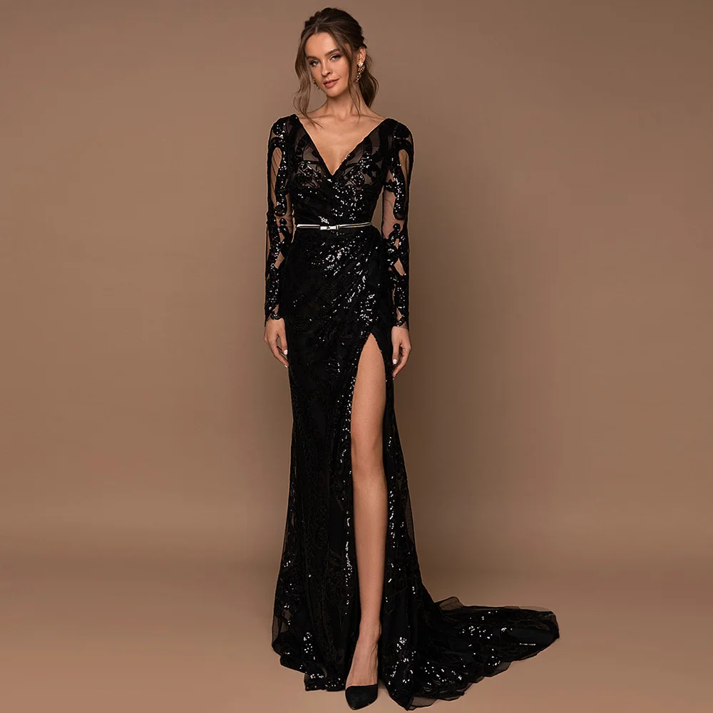 Sequin Mermaid Evening Dresses Long 2025 Gorgeous V-Neck Long Sleeves Formal Prom Party Gown Sparkly Black Split robes de soirée