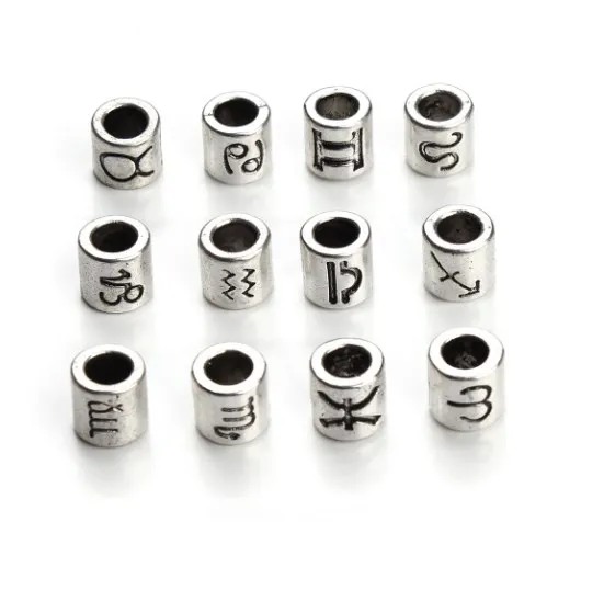 60pcs/lot 7mm 12 constellations big hole Metal Alloy Spacer Beads Hole Flat Buddha  For DIY bracelet Jewelry Making