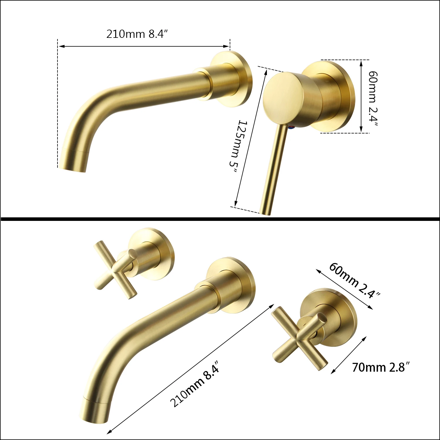 JIENI Luxury Brushed Golden Tap Wall Mounted Bathroom Basin Sink Faucet Solid Brass Hot & Cold Mixer Golden Bathtub Faucet