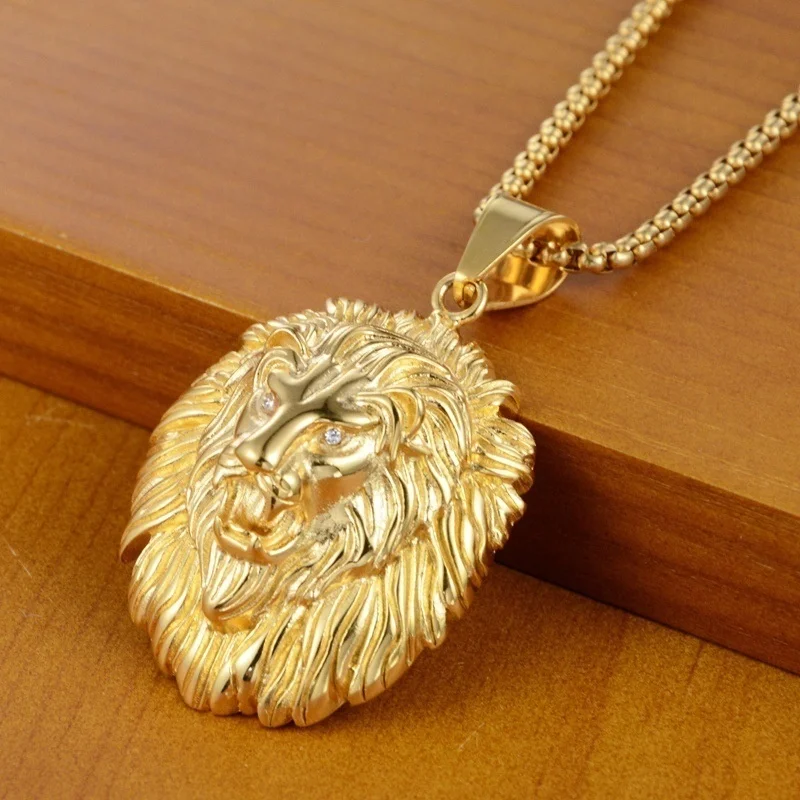 Long hair lion head shape bohemian crystal inlaid pendant necklace men\'s necklace fashion animal pendant accessory party jewelry