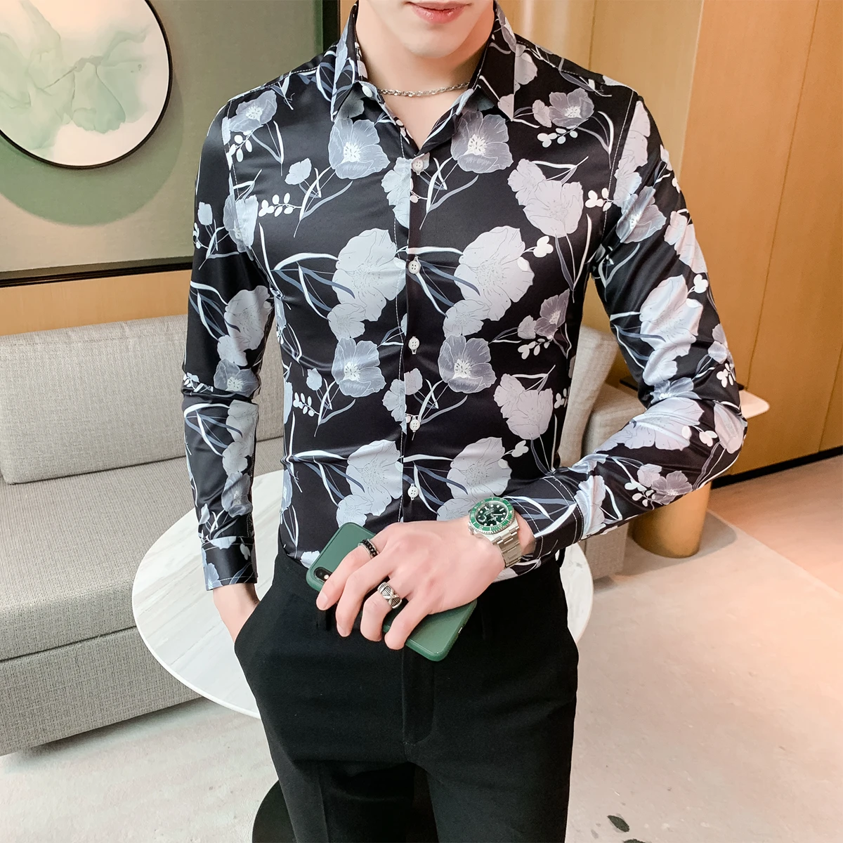 Blouse Men uxury Flower Shirt Fashion Spring Floral Shirt Men Korean Slim Fit Casual Men Social Shirts Long Sleeve Night Club