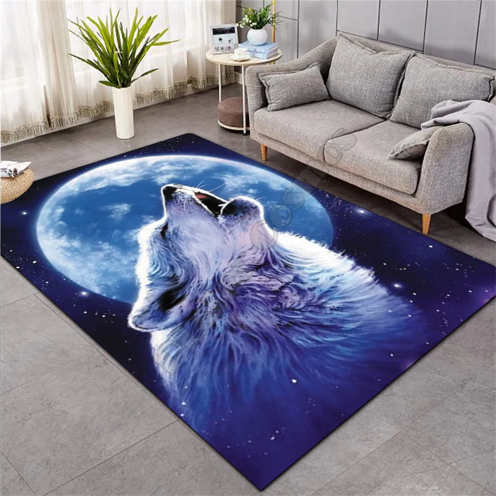 Night Sky Wolf Area Rug 3D All Over Printed Non-slip Mat Dining Room Living Room Soft Bedroom Carpet