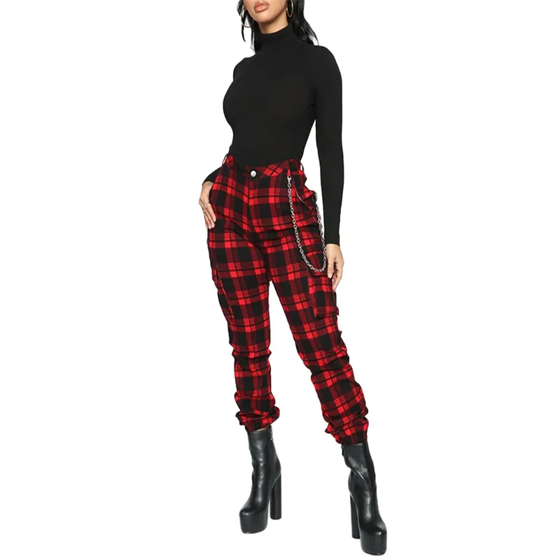 Red Plaid Pants Women Slim Hight Waist Trousers Women Harem Pants Pockets Without Chain Plus Size Ladies Streetwear Spring