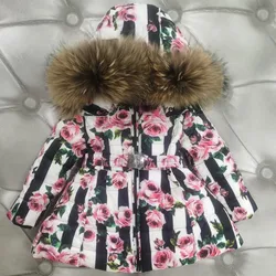 Winter baby girl Hooded Warm Down Jackets Coat Kids Printed Fur Collar children Parka white Down Jackets