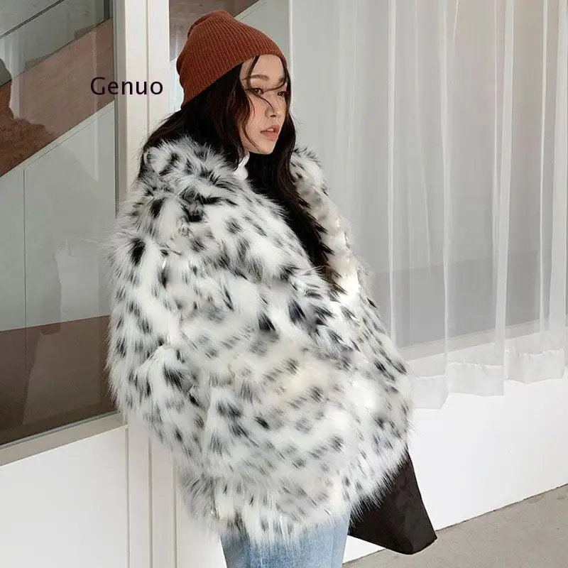 Alta qualidade inverno entalhado colarinho peludo salsicha toscano gato leopardo casaco de pele manga longa pele peluda jaqueta feminina curto outerwear