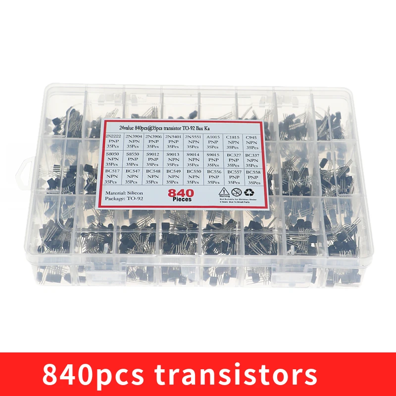 840pcs/set 24Values TO-92 Transistor Assortment Kit BC327 BC337 BC547 transistor 2N2222 3904 3906 C945 PNP/NPN transistors pack