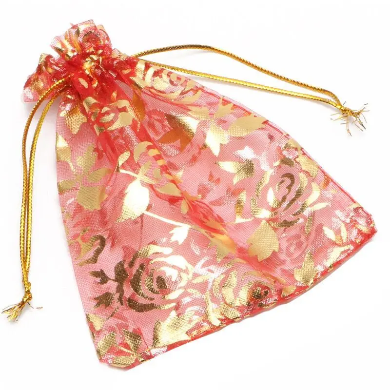 Wholesale--(20pcs/lot) Rose Flowers Print Gift Bags for Pendant / Rings / Earrings / Bracelets 6 Color 9x7 cm 9x12 cm 5 Sizes