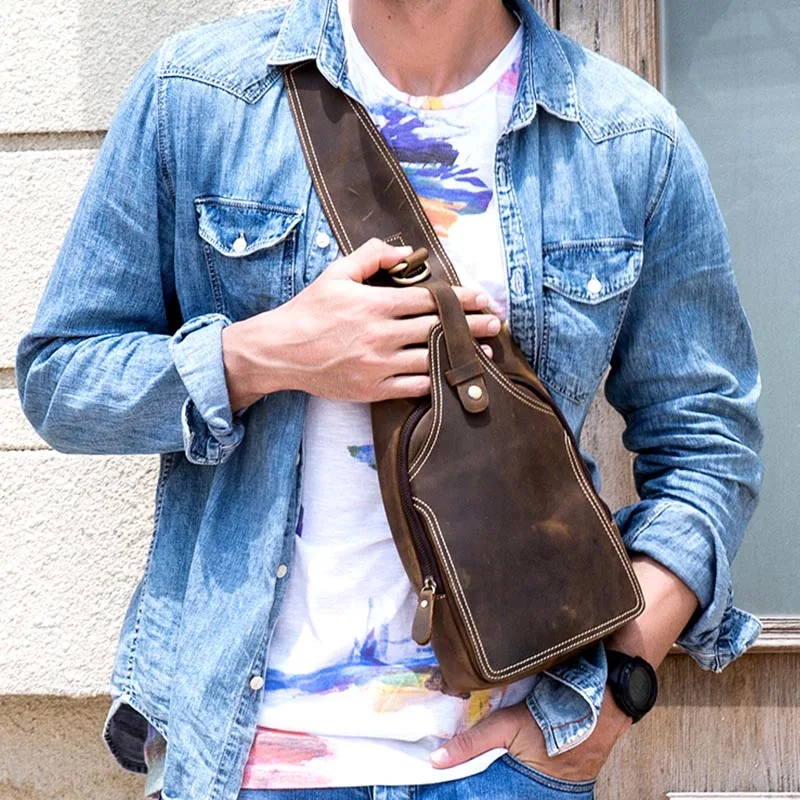Męska skóra Crazy Horse plecak na ramię torba na klatkę piersiowa małe podróży dorywczo torba w stylu Vintage skóra bydlęca Crossbody torba skóra bydlęca plecak
