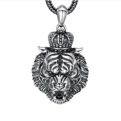 925 Sterling Silver Tiger Head Pendant Jewelry Men Male Thai Silver Stylish Domineering Animal Tiger Necklace Pendant Jewelry