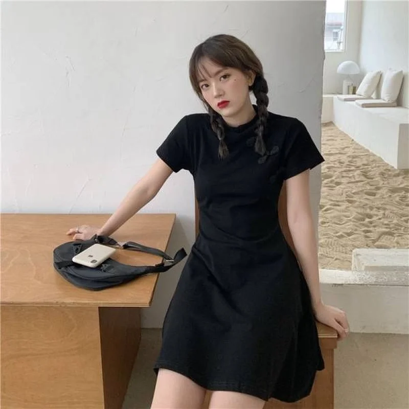 Dress Women Summer Mini Waistline Slim Thin Solid A-line Chinese Style Half Open Collar Streetwear Fashion Harajuku Comfortable