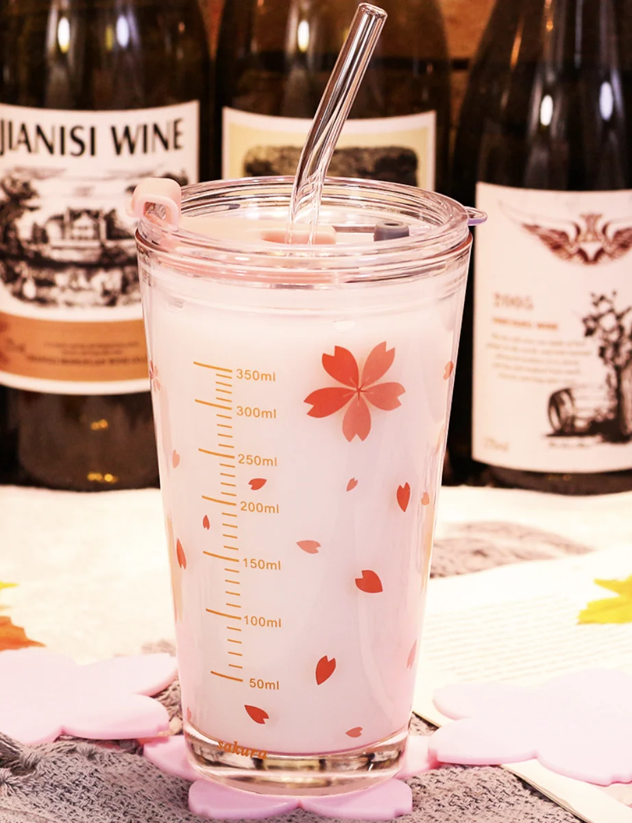 Cherry Blossom Travel Glass Coffee Mug Outdoor Heat-Resistant Scale Teacup With Non-Slip Cover Transparent Milk Breakfast Cup